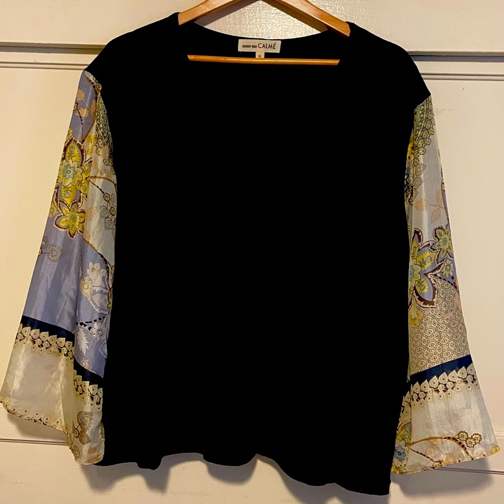 Johnny Was Calme Blouse- Black with Beautiful Silk Scarf Sleeves